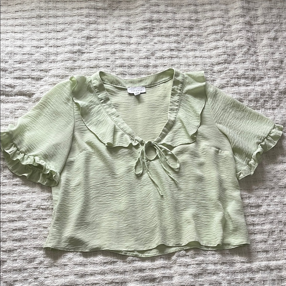 Topshop Light Green Ruffle Tie-Front Crop Blouse